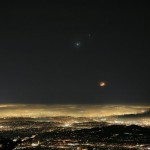 Вид на Луну, Венеру и Юпитер над ночным Лос-Анджелесом,………